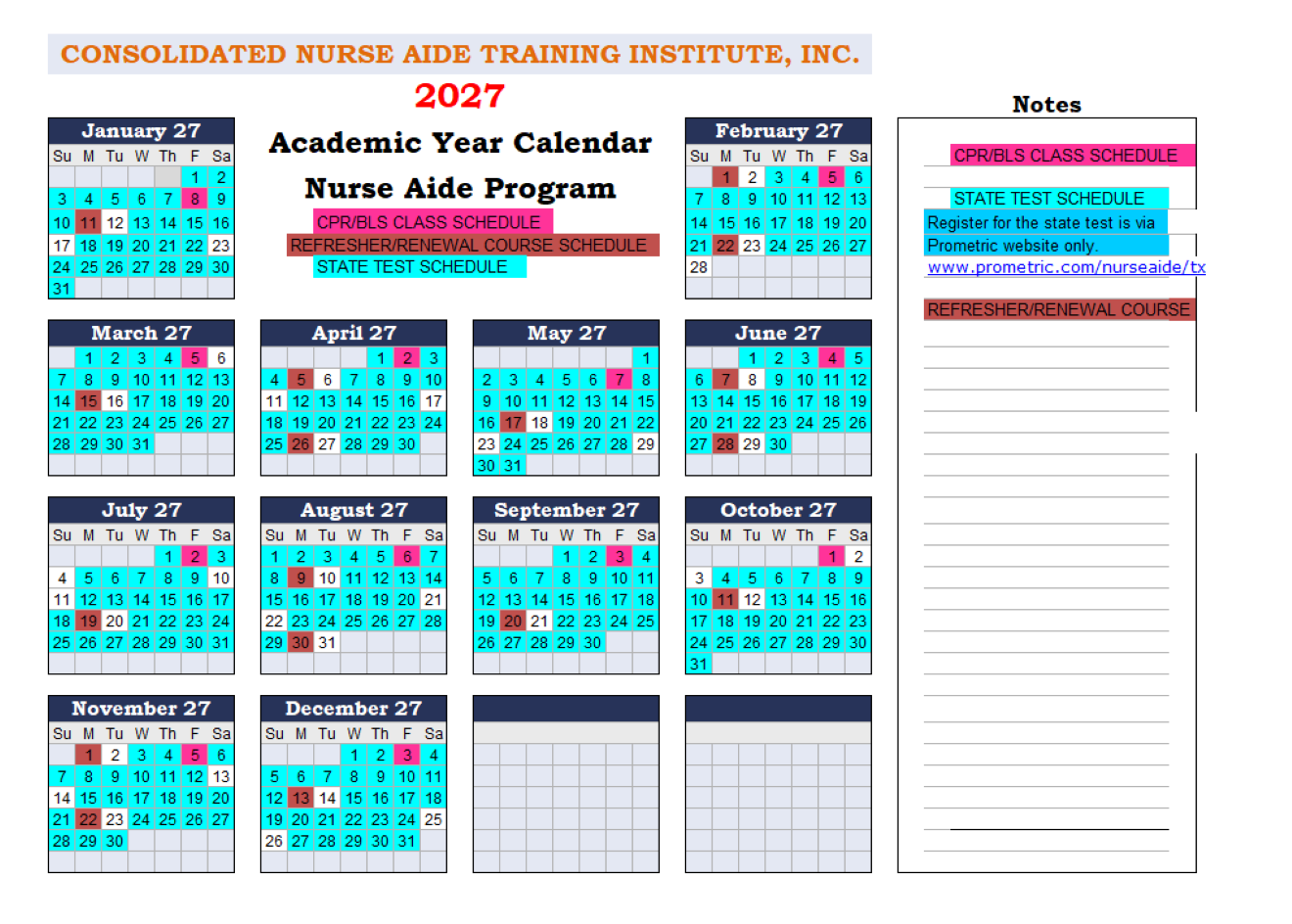 2027 CPR/BLS Class Calendar schedule