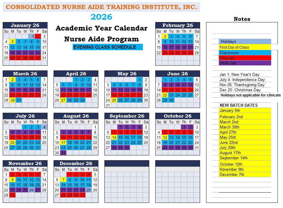 2026 Cna Evening Class Calendar