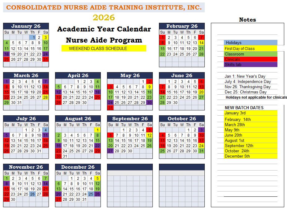 2026 Cna Weekend Class Calendar