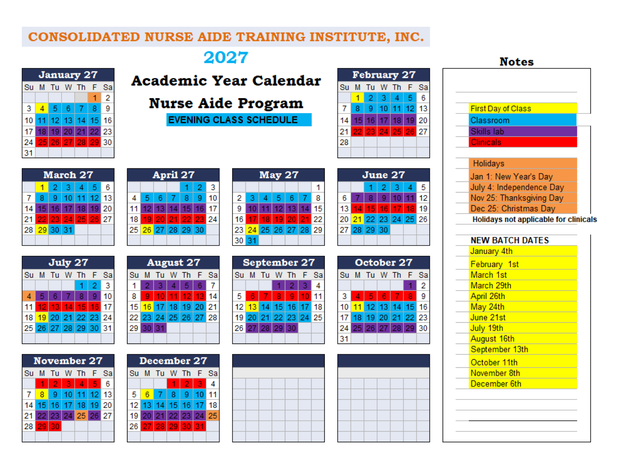 2027 CNA Evening Class Calendar schedule