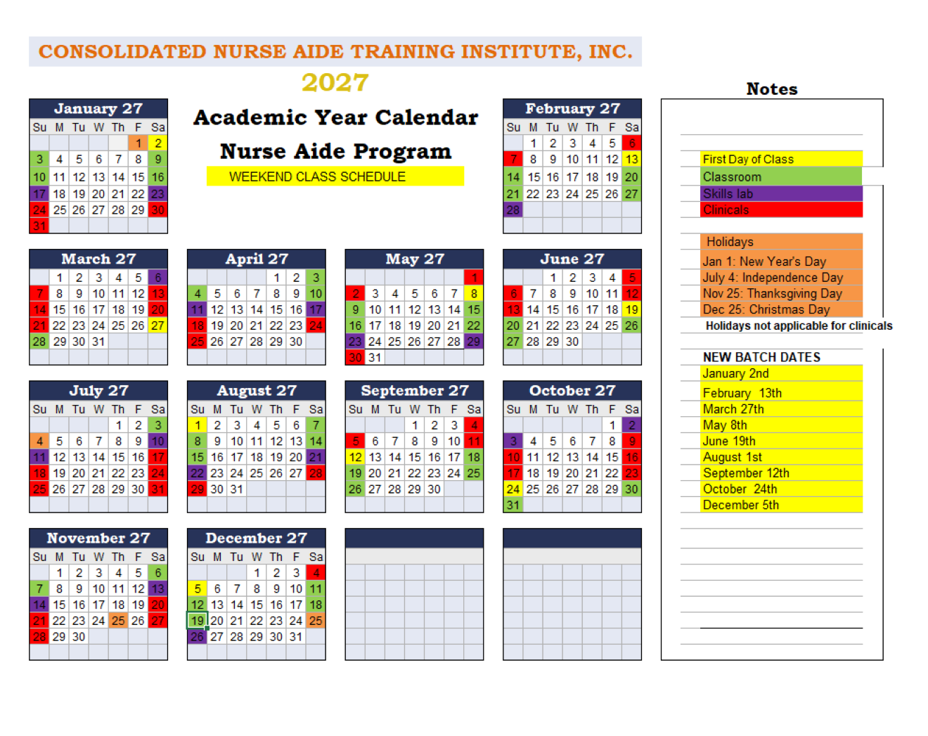 2027 CNA Weekend Class Calendar schedule