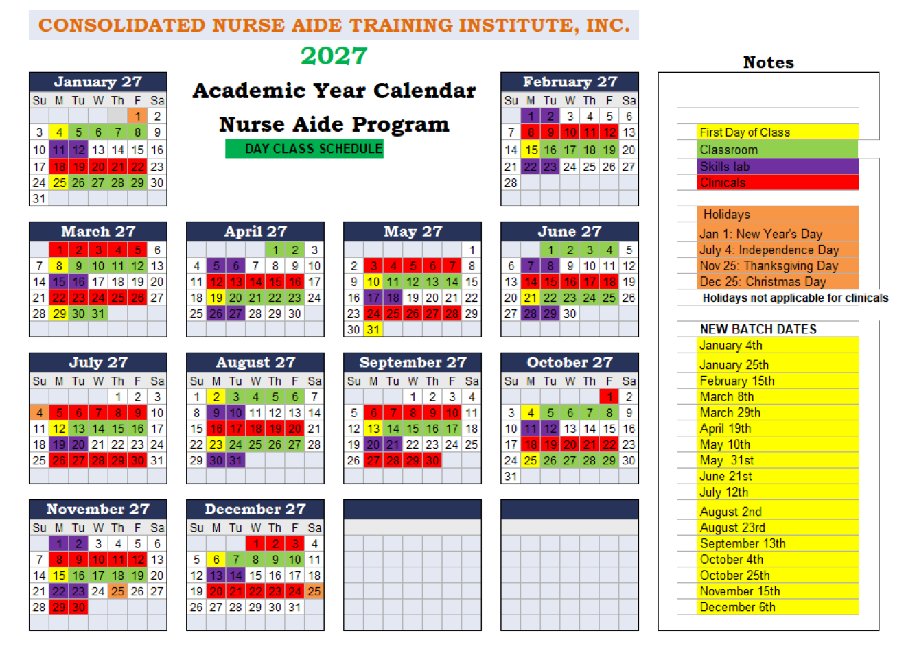 2027 CNA Day Class Calendar schedule