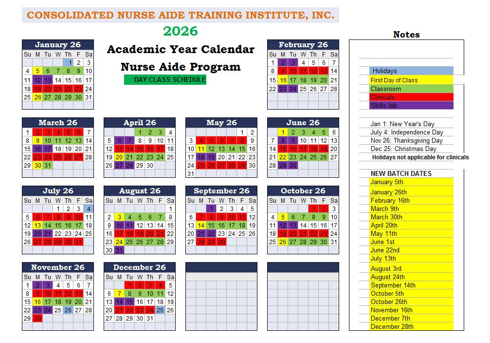 2026 Cna Day Class Calendar 1