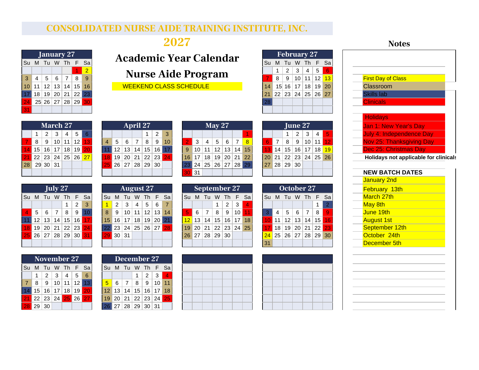 2027 CNA Weekend Class Calendar schedule